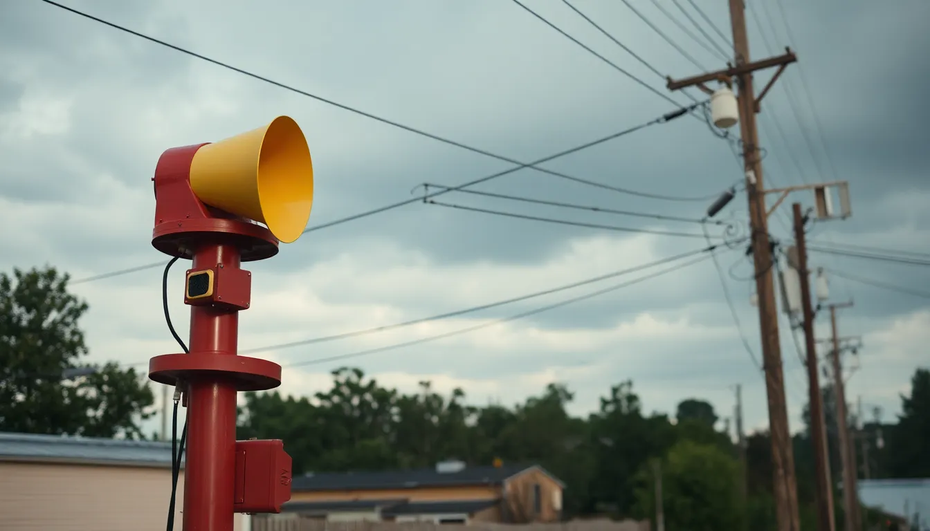3T22 tornado siren on a knocked over pole with a tornado on top and a tornado in the background