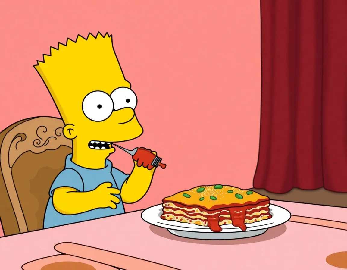 Bart Simpson eating lasagna