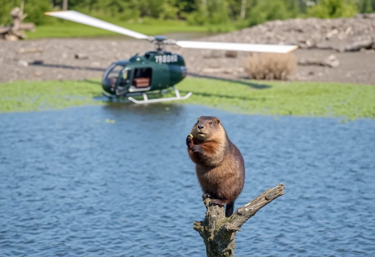 Beaver eating a tree on a helicopter