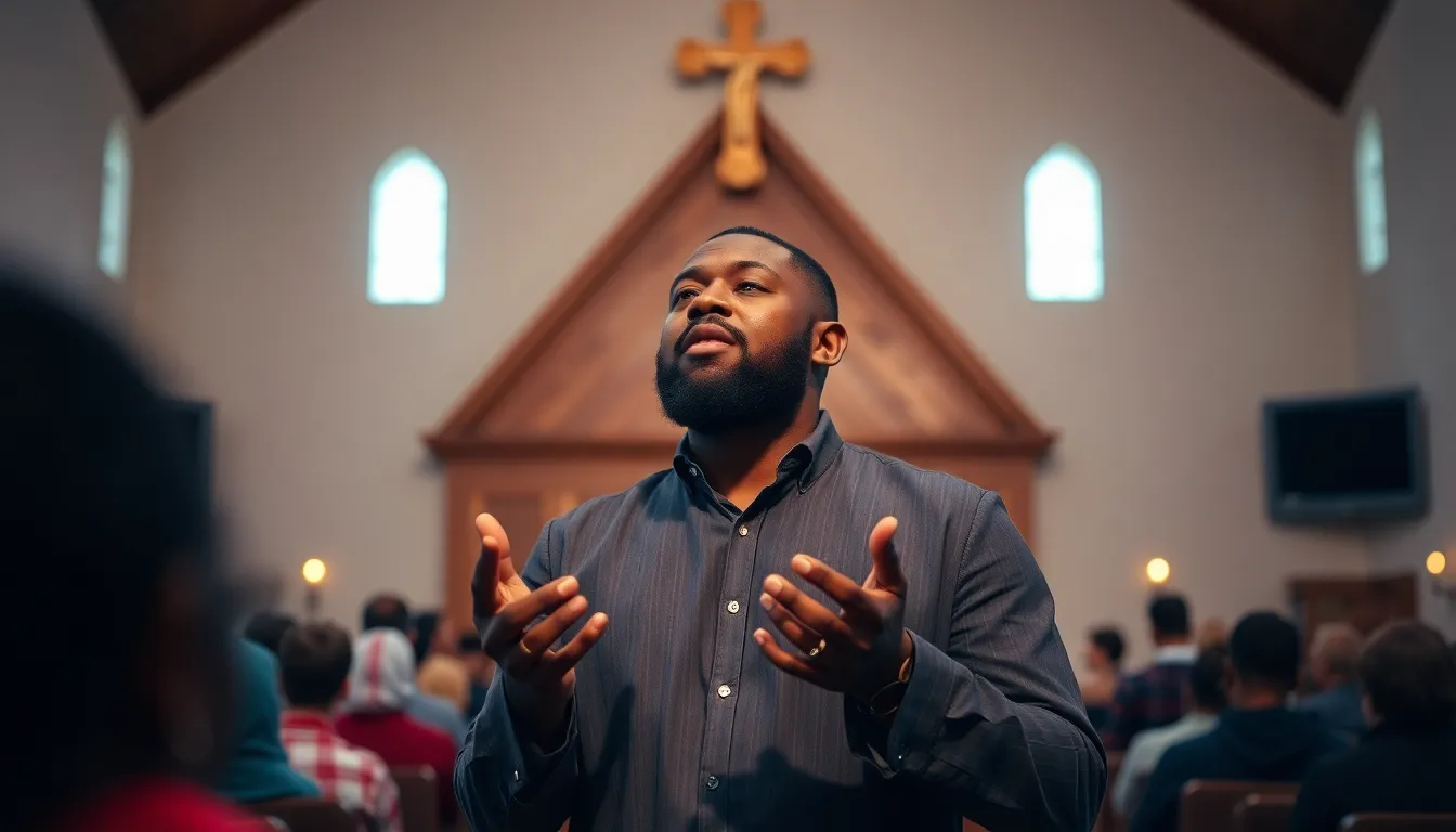 Big black man standing in front of a church praying