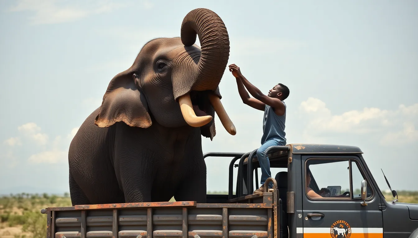 Black man fighting an elephant on a truck