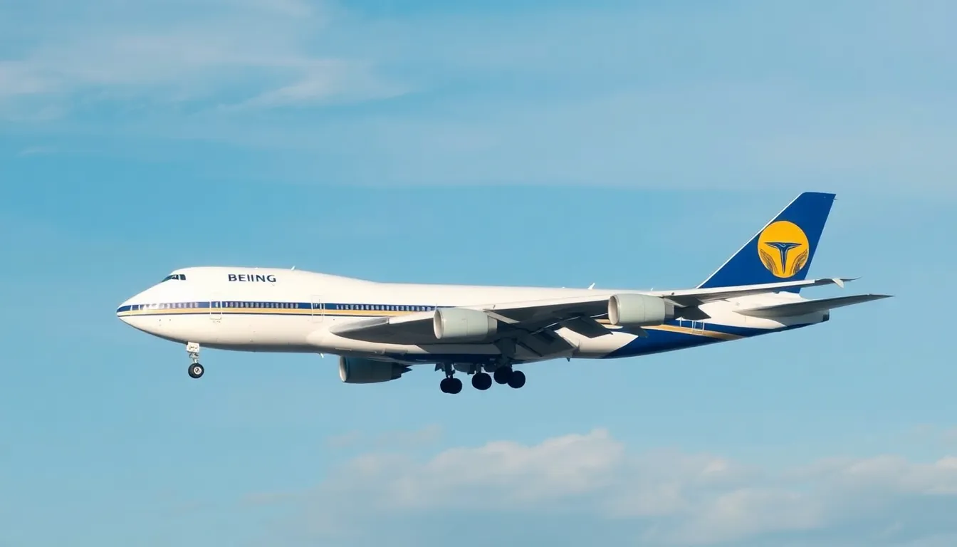 Boeing 747 airplane flying in blue sky