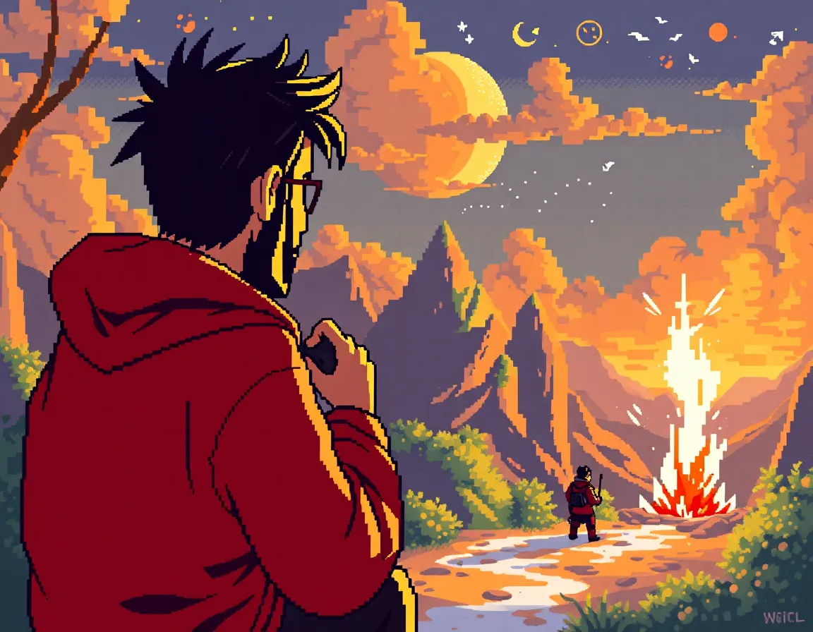 Pixel art style bold expression titled By Watching