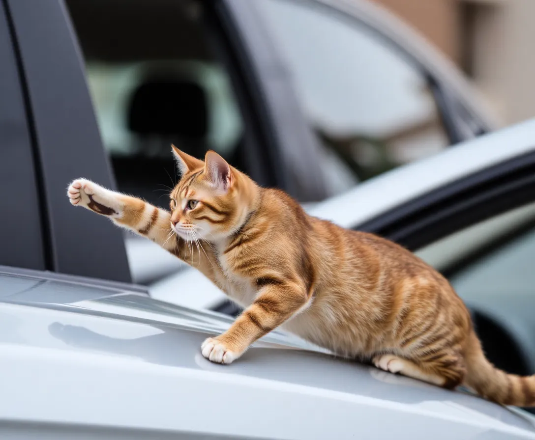Cat stretching on car