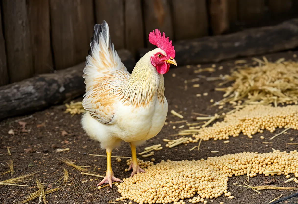 Chicken eating grain