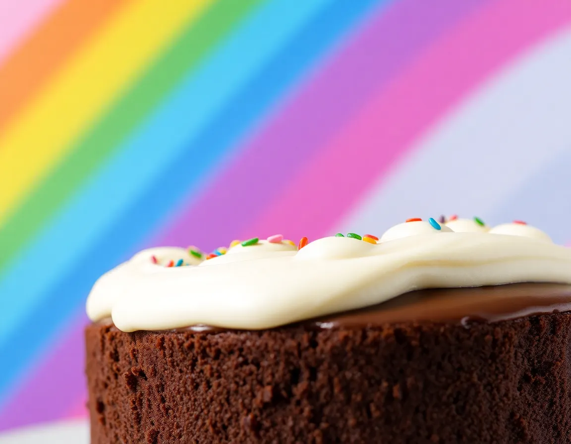 Chocolate cake with a rainbow background