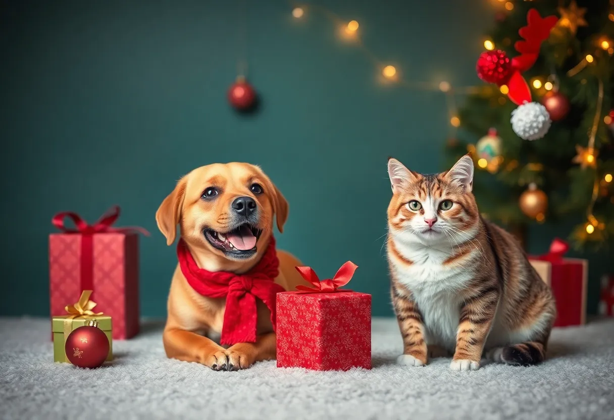 Happy dog and cat with Christmas decorations at adoption center