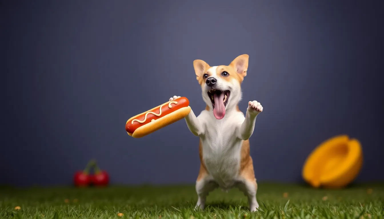 Dancing dog with hot dog in mouth
