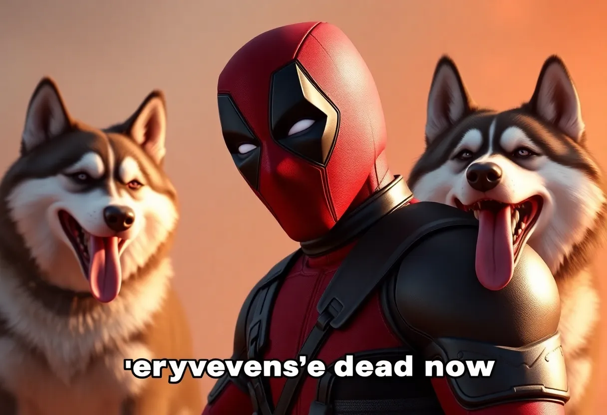 Deadpool saying ha ha everyone's dead now with him killing huskies