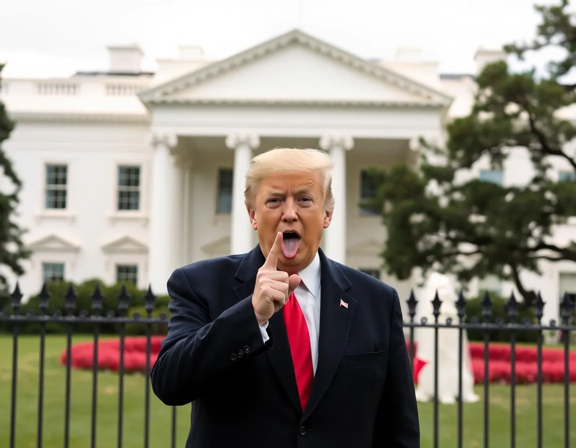 Donald Trump sticking his tongue out in front of the White House