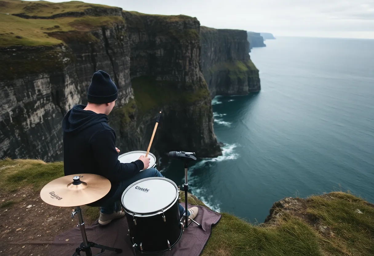 Drummer Playing Drums on Edge of a Cliff in Scotland