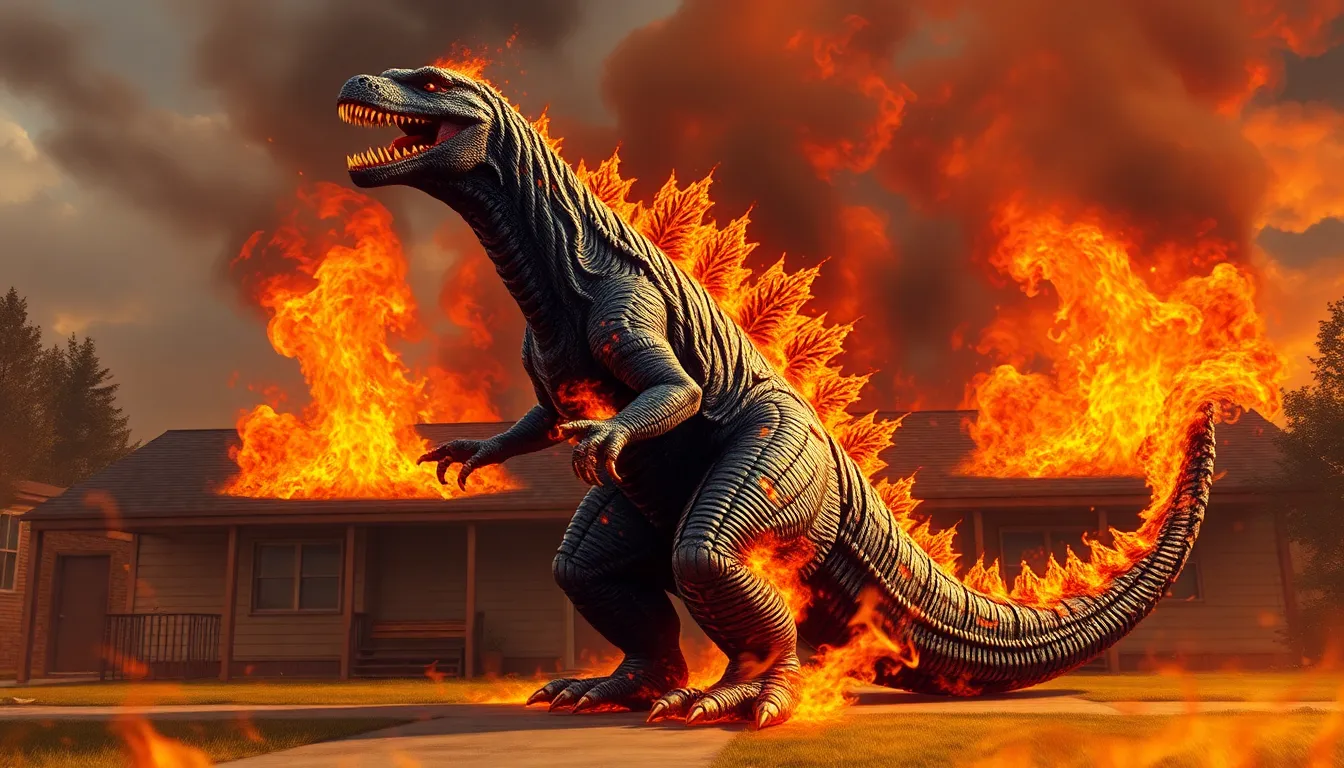 Elementary school engulfed in flames with Godzilla skin looming in the background