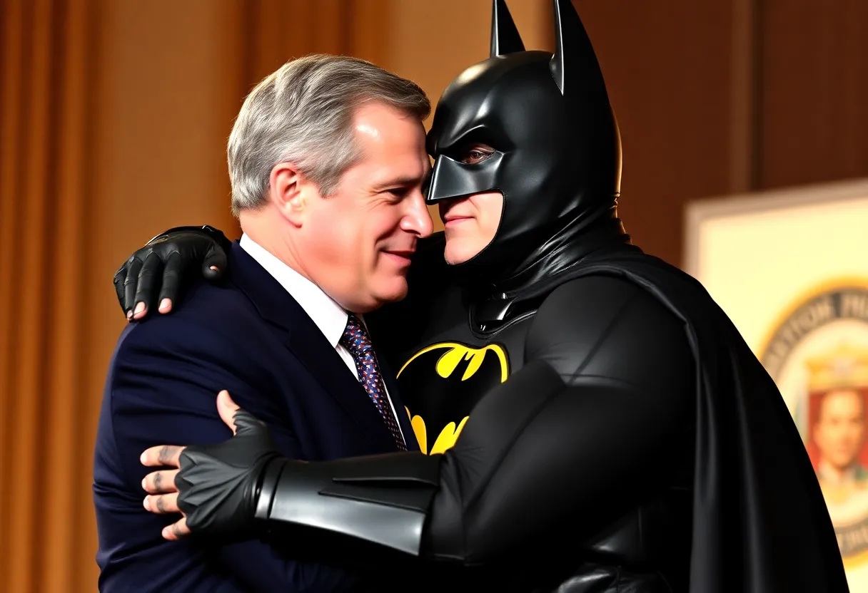 George W. Bush and Batman hugging
