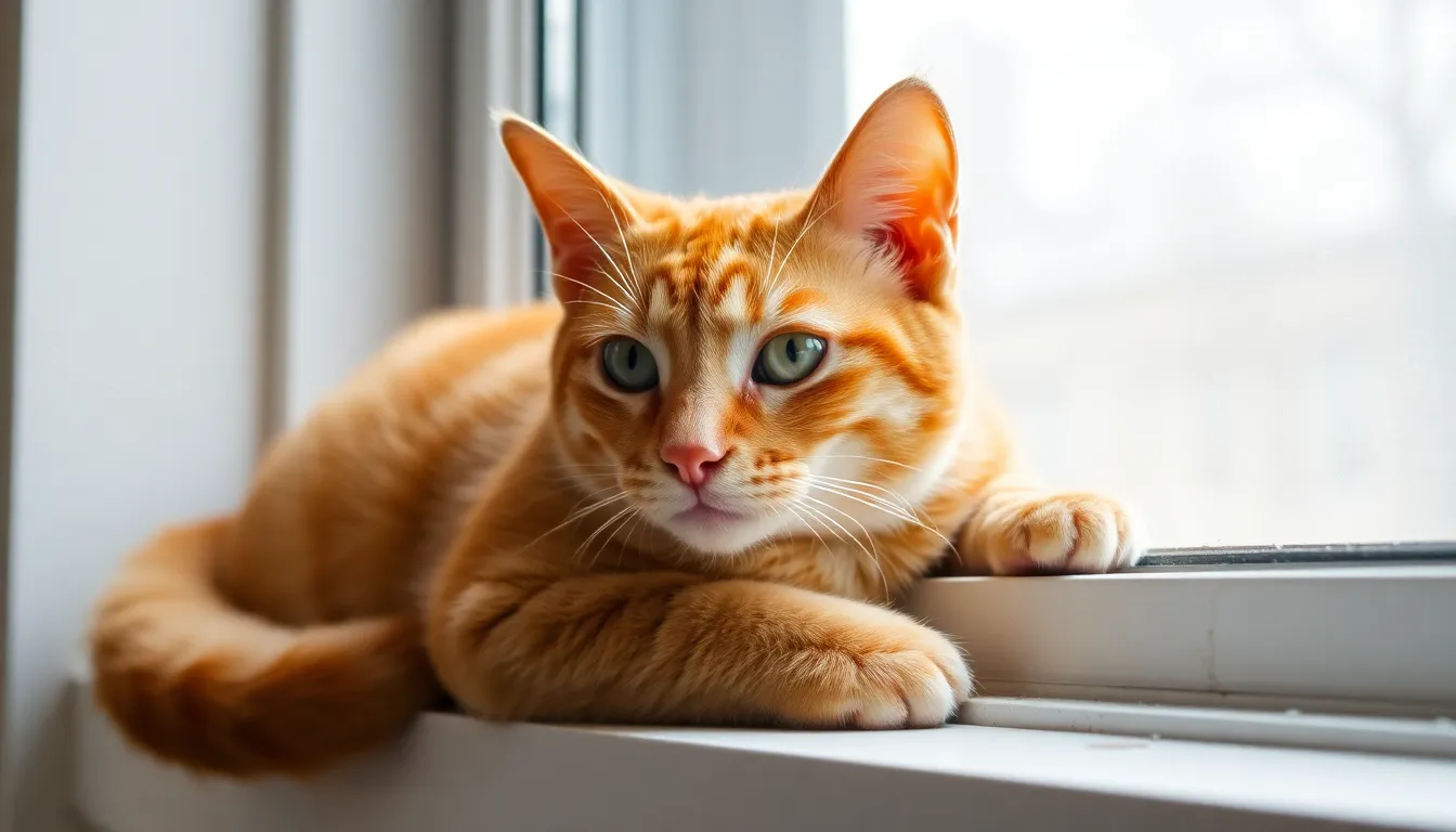Ginger cat lying on window sill