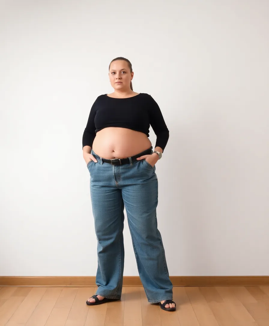 Girl with very long pants, big belly, really fat and balding