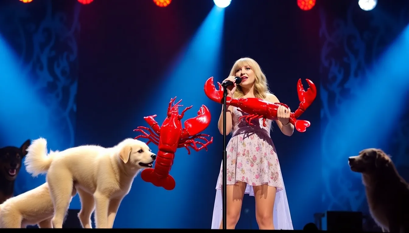 Gracie Abrams and Taylor Swift singing on stage with lobsters and dogs