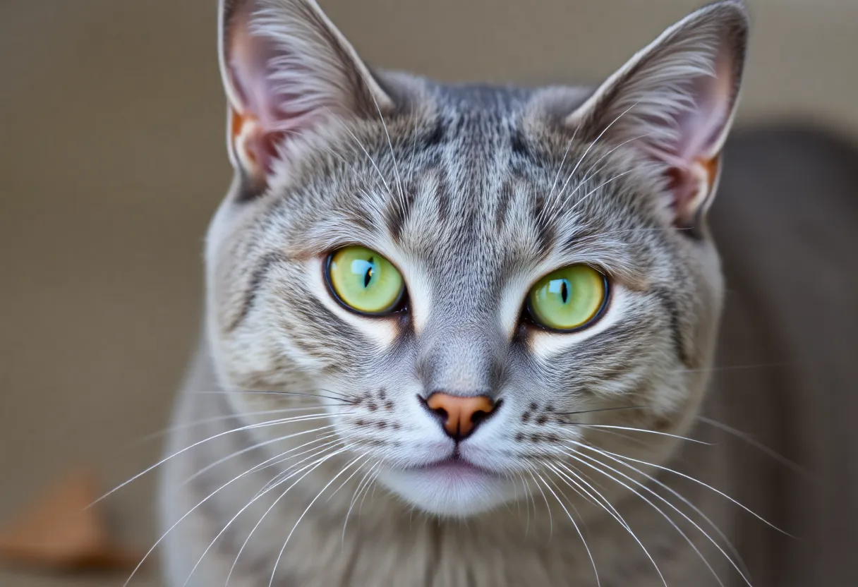 Gray cat with green eyes