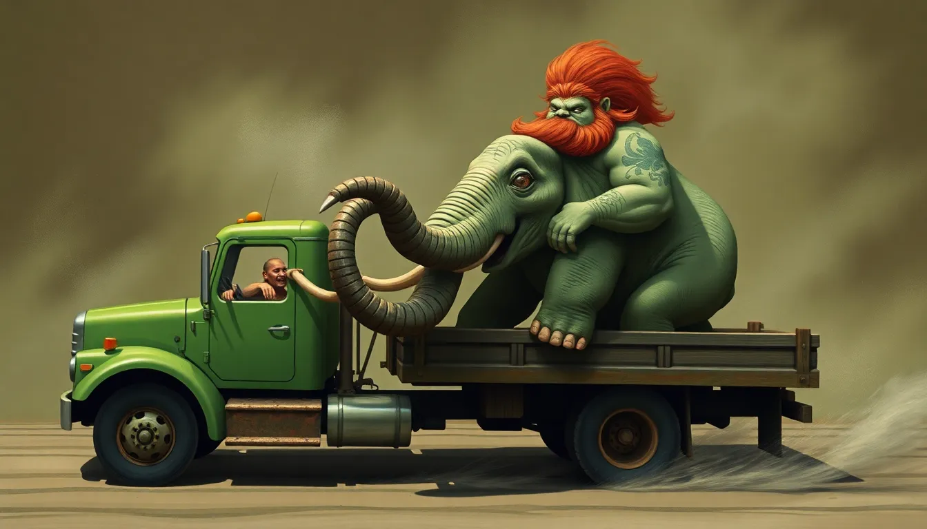 Greenish overweight humanoid with mullet fighting an elephant on a truck
