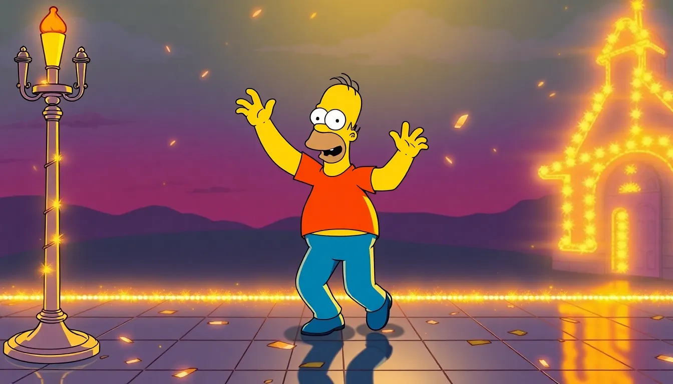 Homer Simpson dancing on a strip of gold