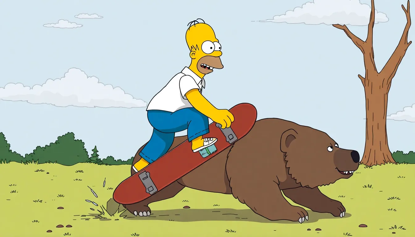 Homer Simpson stepping on a bear trap saying D'oh! while holding a skateboard