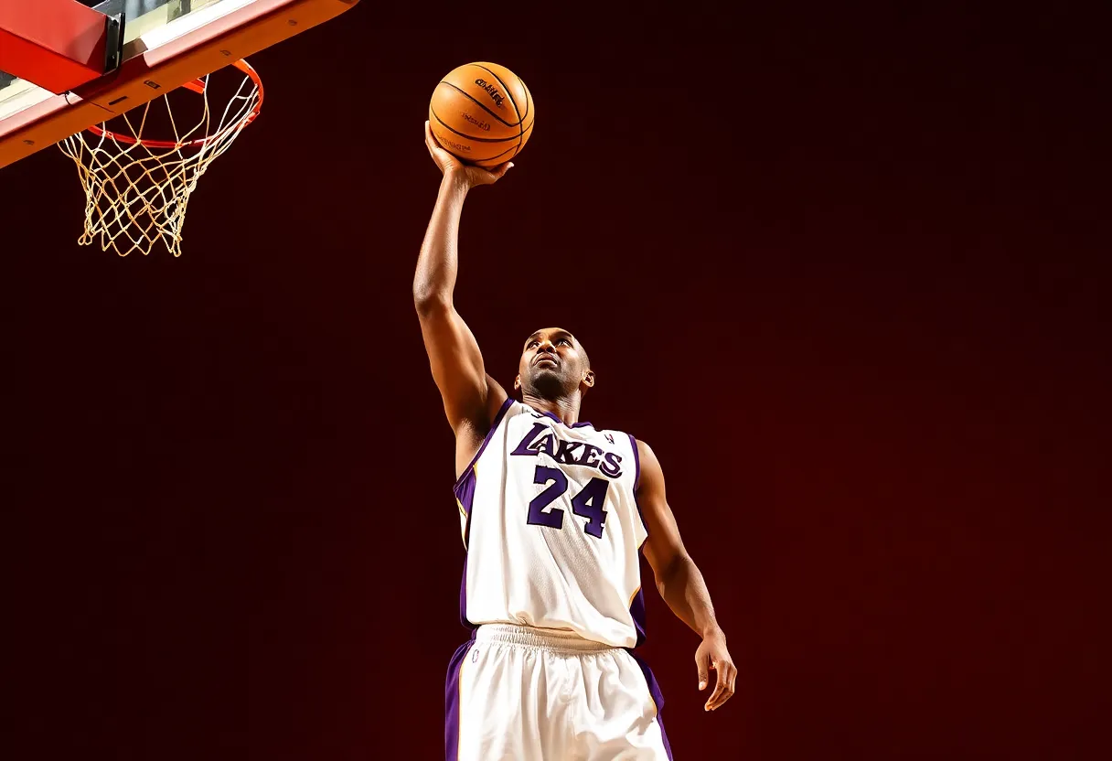Kobe shooting a basketball with red background