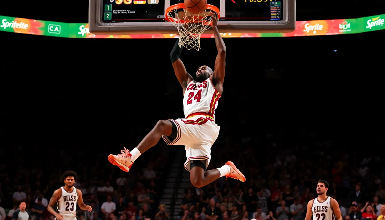 LeBron dunking with a flying hamburger labeled 'I suck nuts', confused pizza, and a person drinking Sprite cranberry