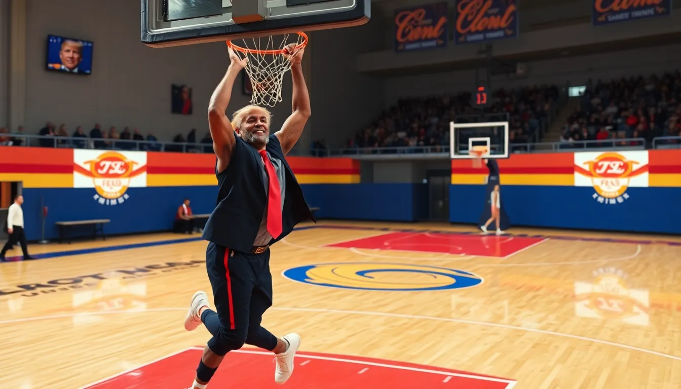 LeBron James dunking on Donald Trump on a basketball court