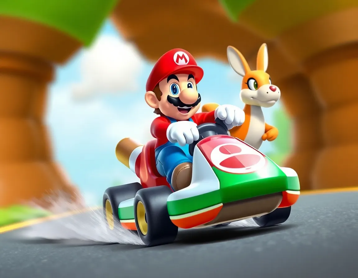 Mario riding a Mario kart with Dalekic in the background