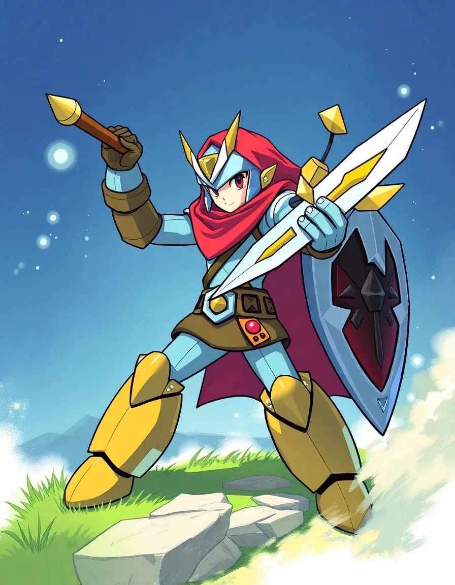 Mega Man dressed as Link holding a Mega Buster sword