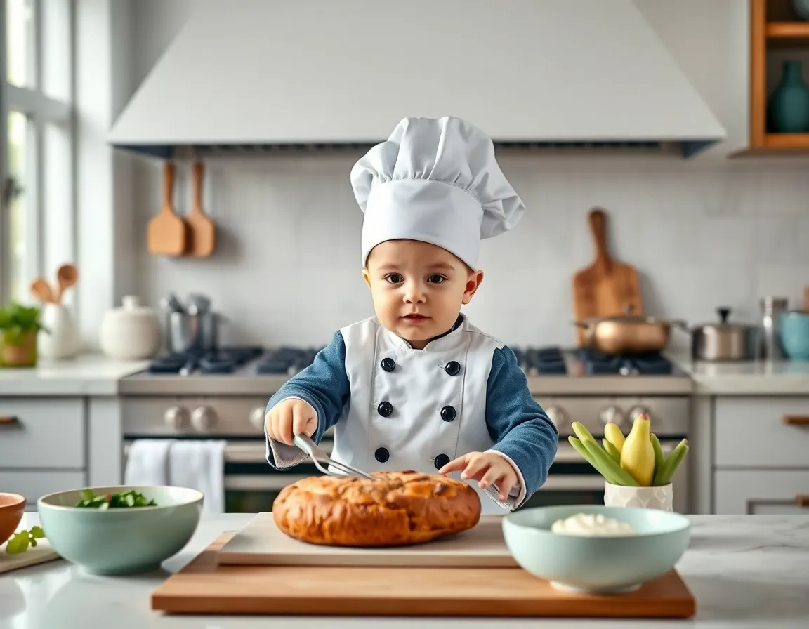 Michelin star baby chef cooking in kitchen