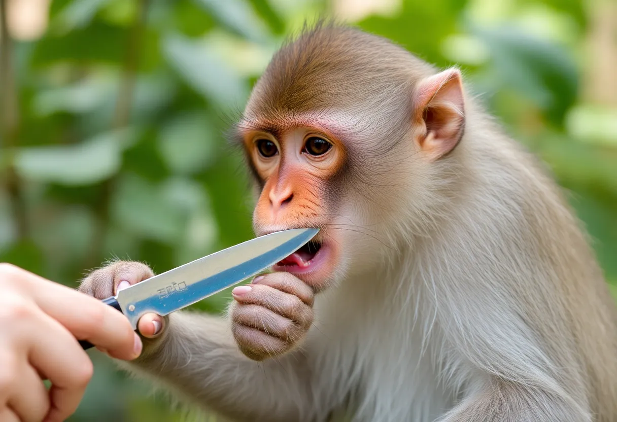 Monkey eating a cucumber with a knife and his human-like wife
