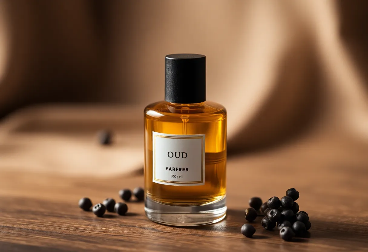 Oud luxury perfume bottle with gold accents