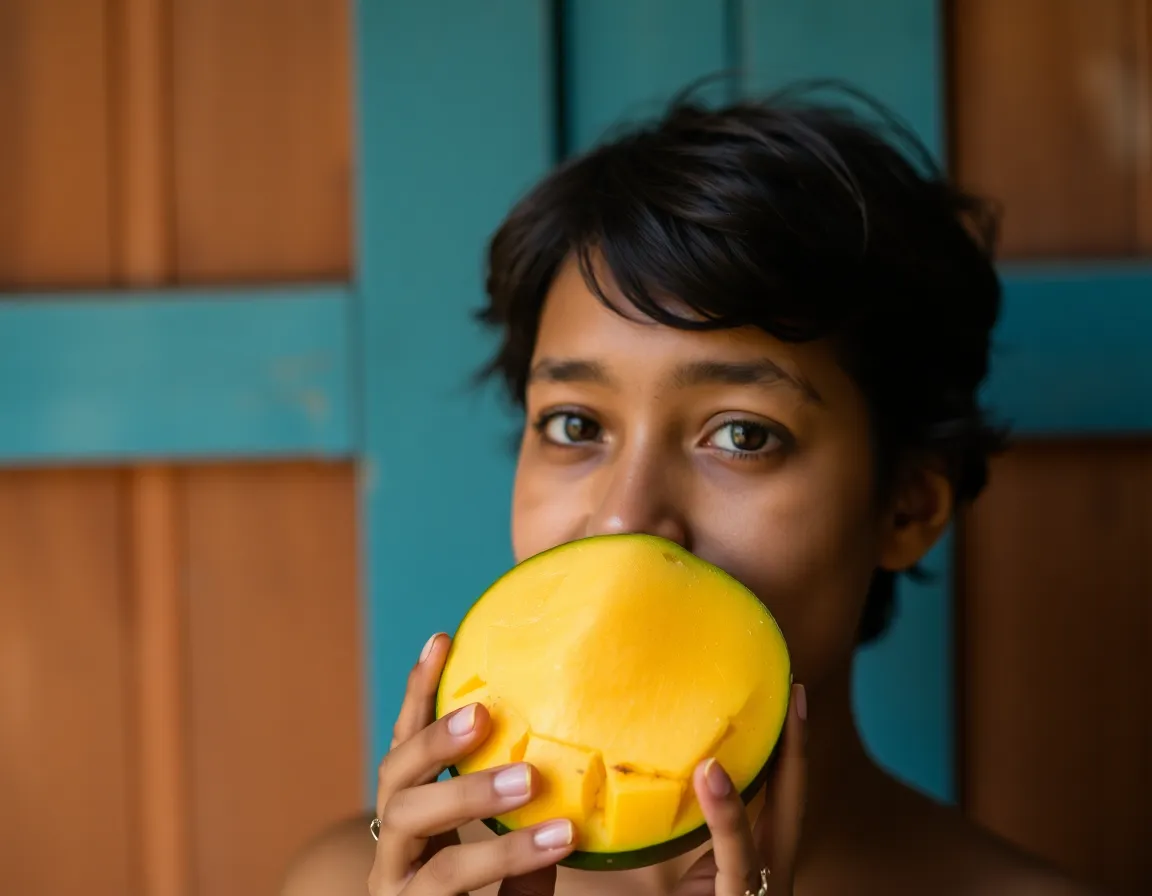 Person who sucked at the sorry song with a mango over his face