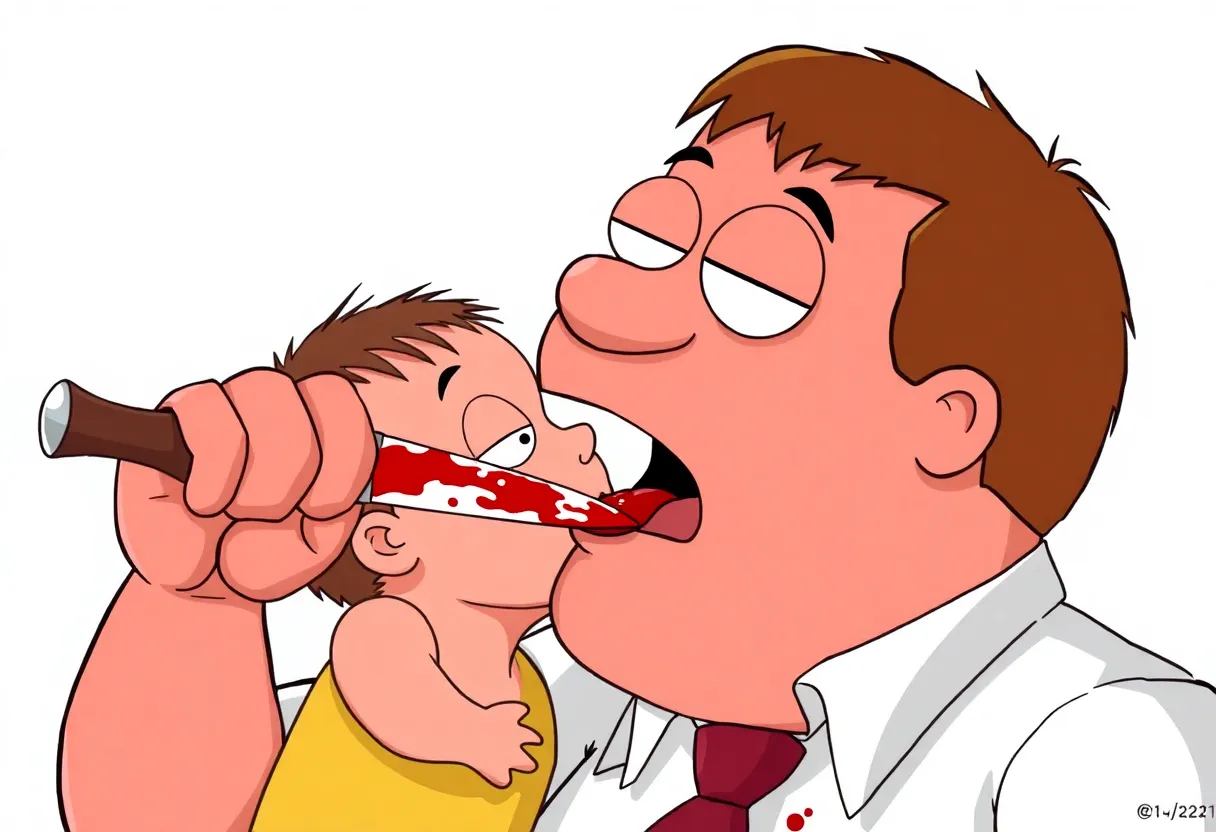 Peter Griffin holding a knife with blood on his mouth and tongue kissing his son