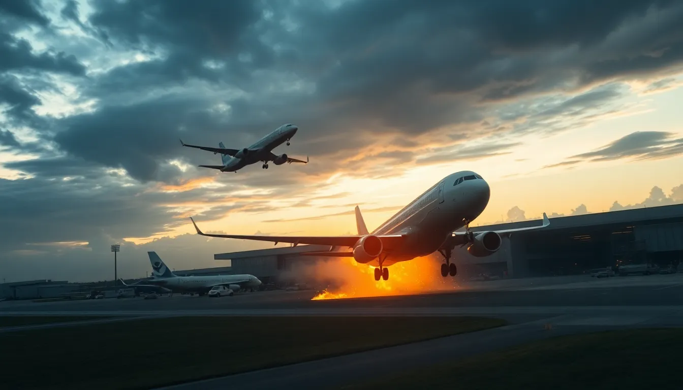 Illustration of a plane crashing into an airport