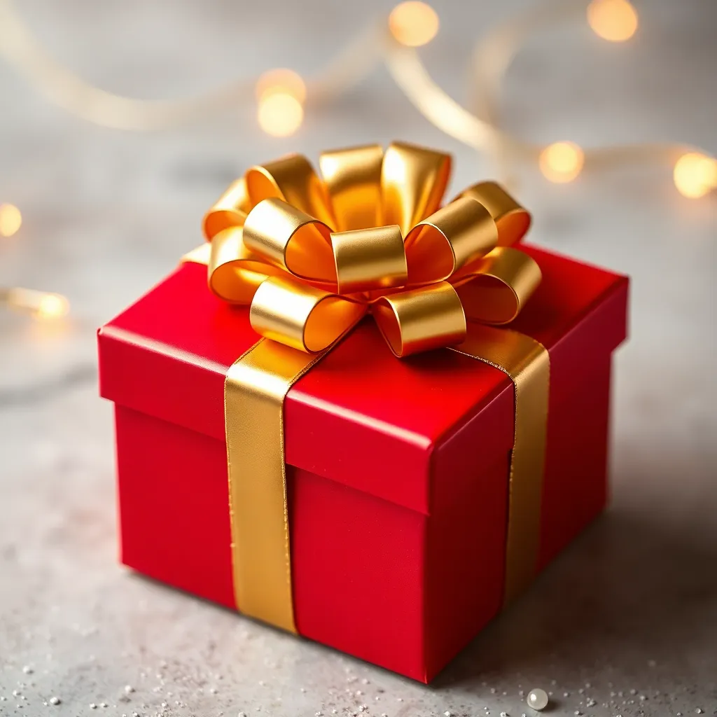 Red present box with golden bow