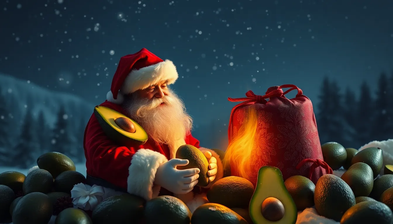 Santa Claus taking poops with avocados around