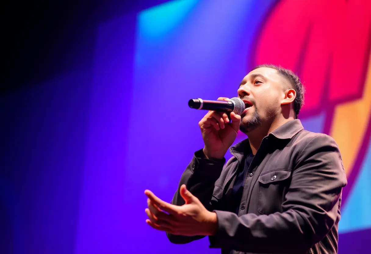 Confident singer performing urgent message: I NEED MY DECU! WHERE'S MY DECU?!