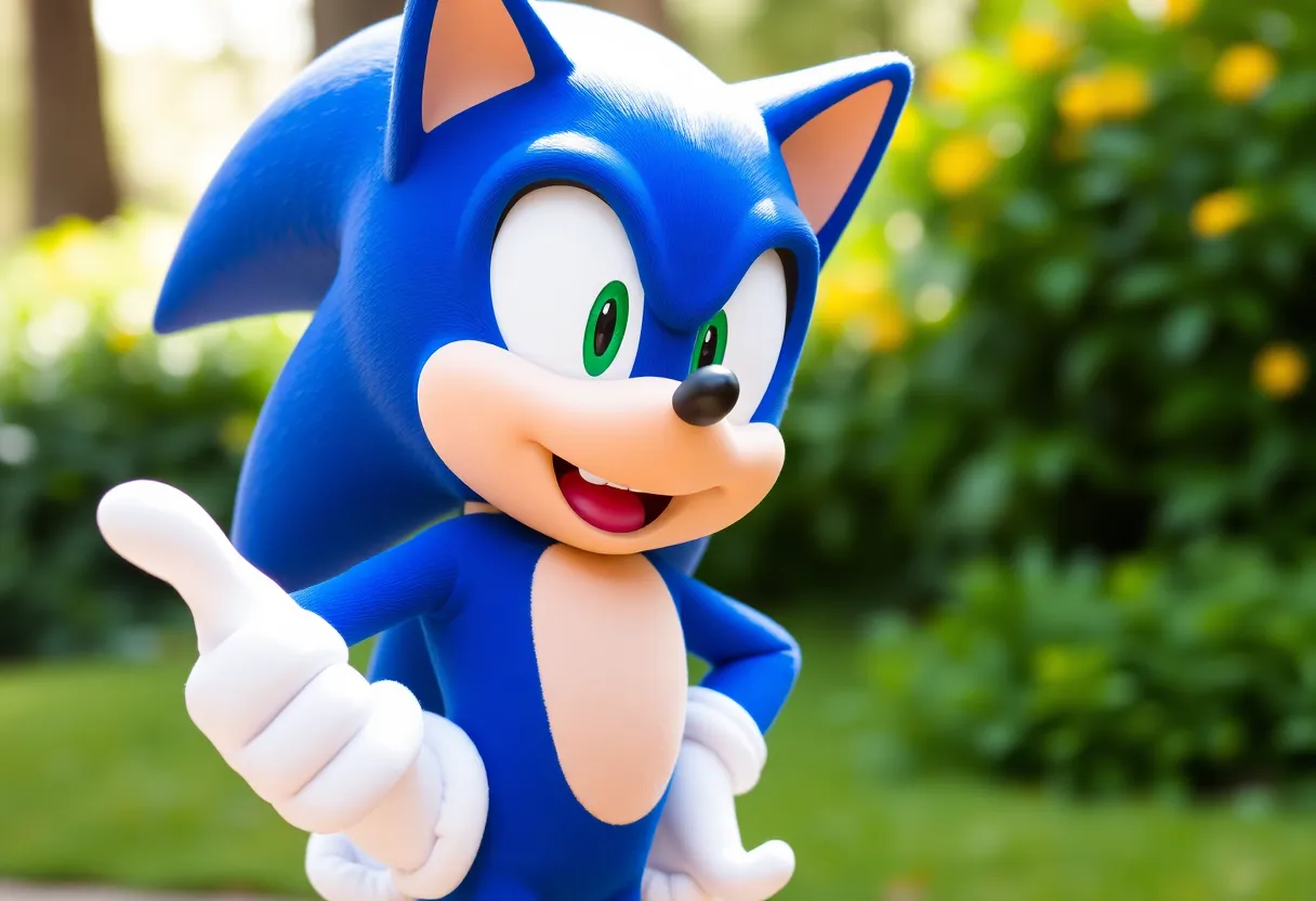 Sonic the Hedgehog doing his iconic pose saying Metal Sonic Sucks