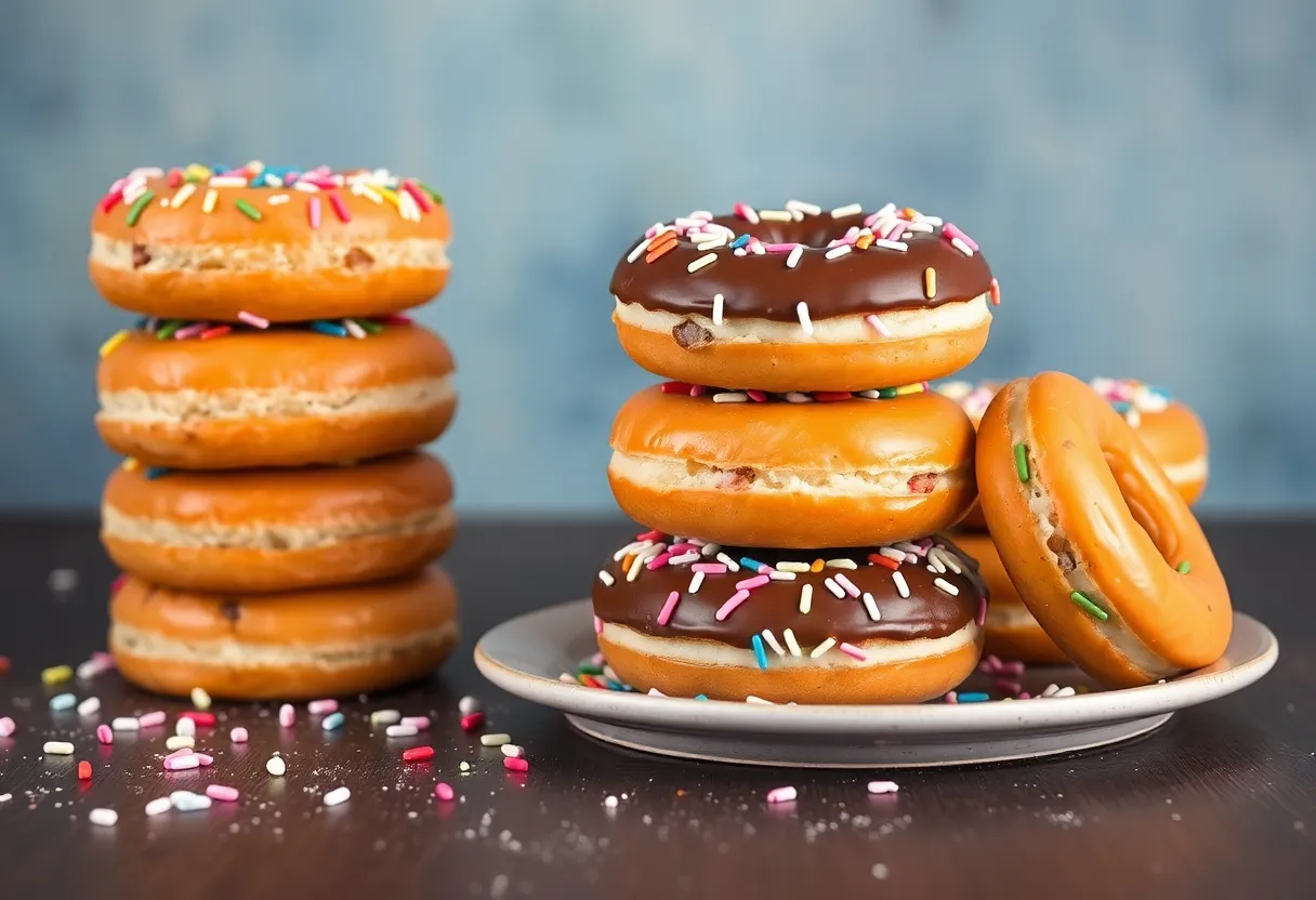 Stack of colorful donuts with sprinkles