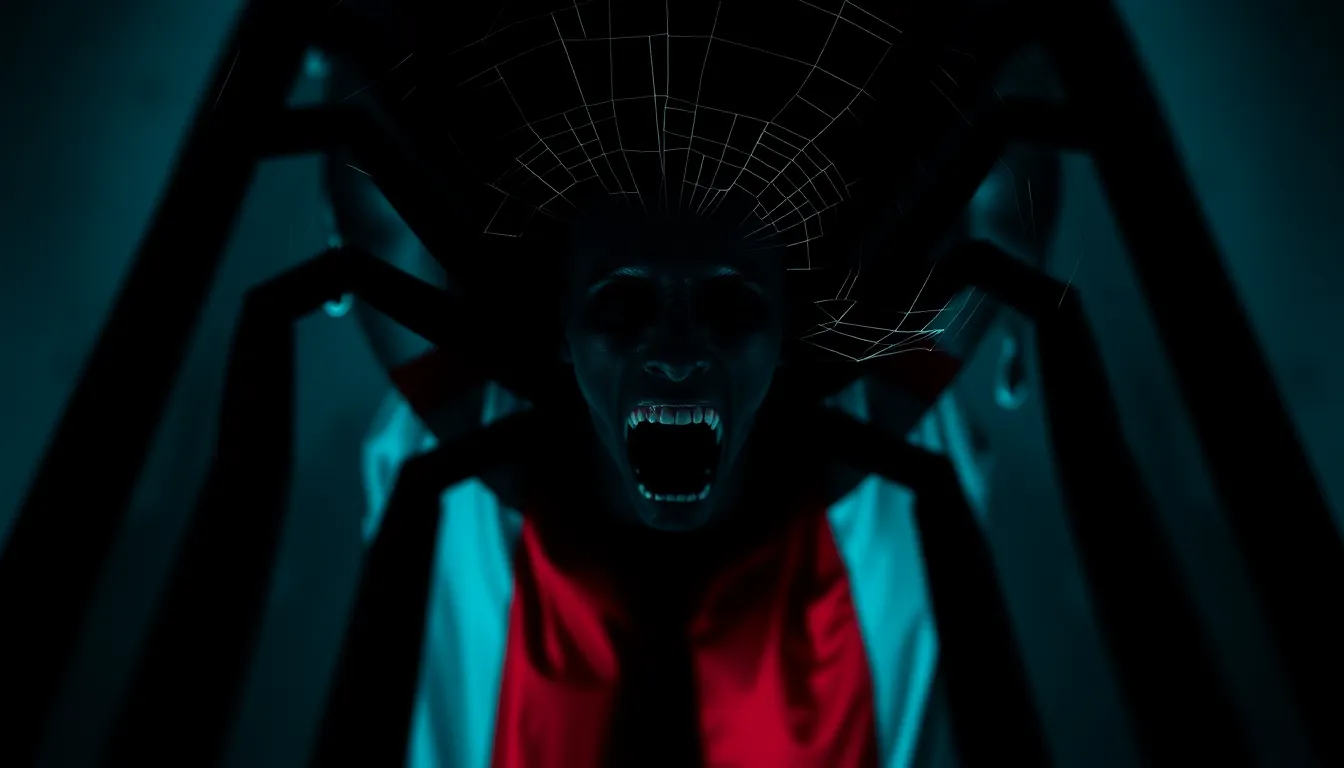 Teal man in shadows with an upside down American flag and spider webs