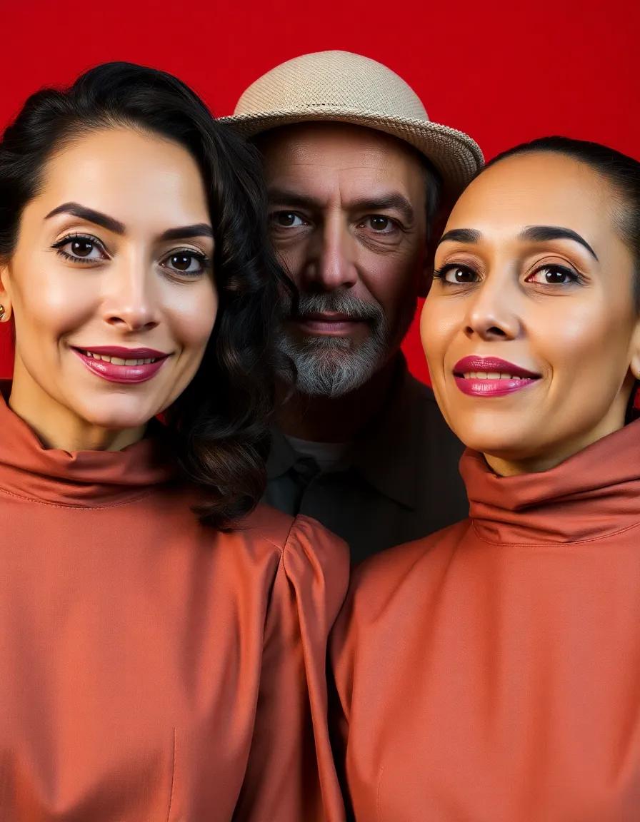 Two women and a man with red background