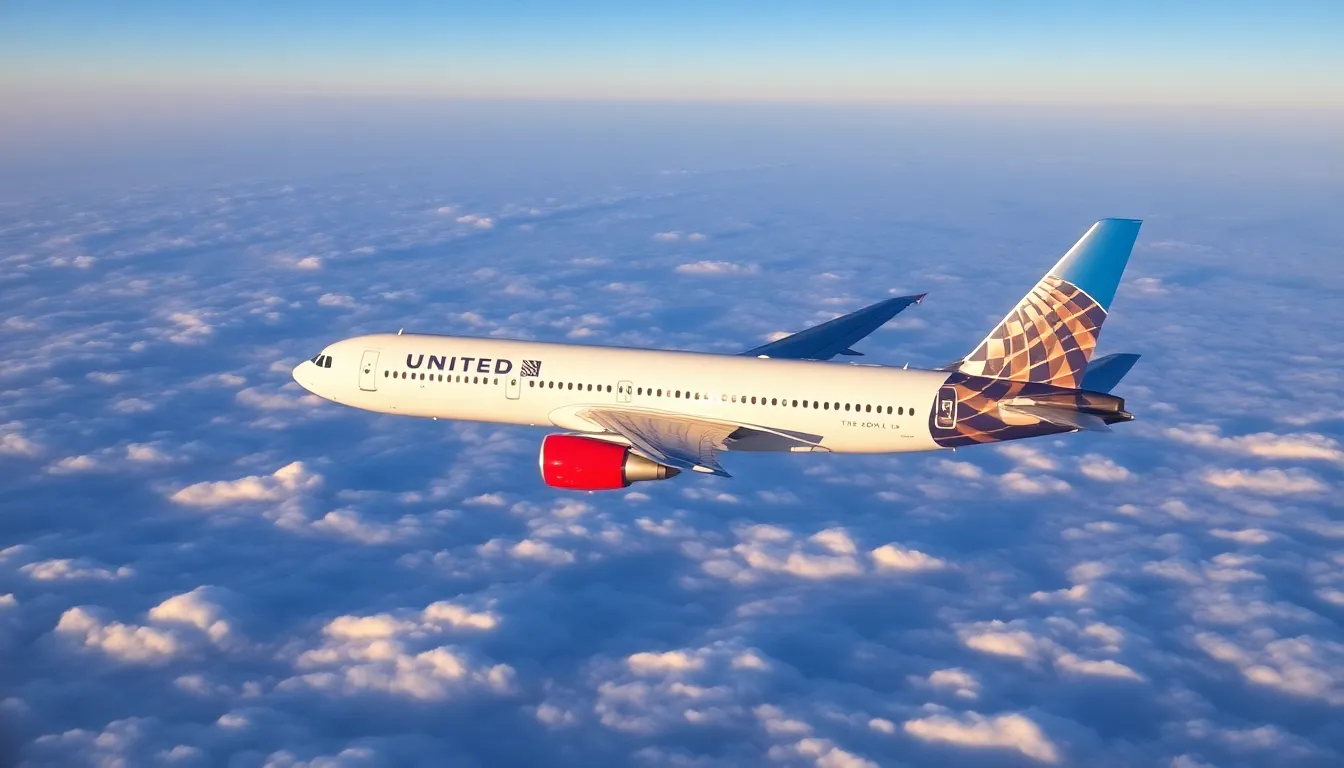 United Airlines plane flying over clouds